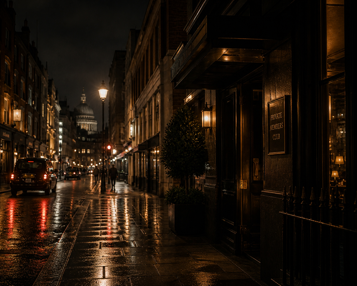 A wet London street at night